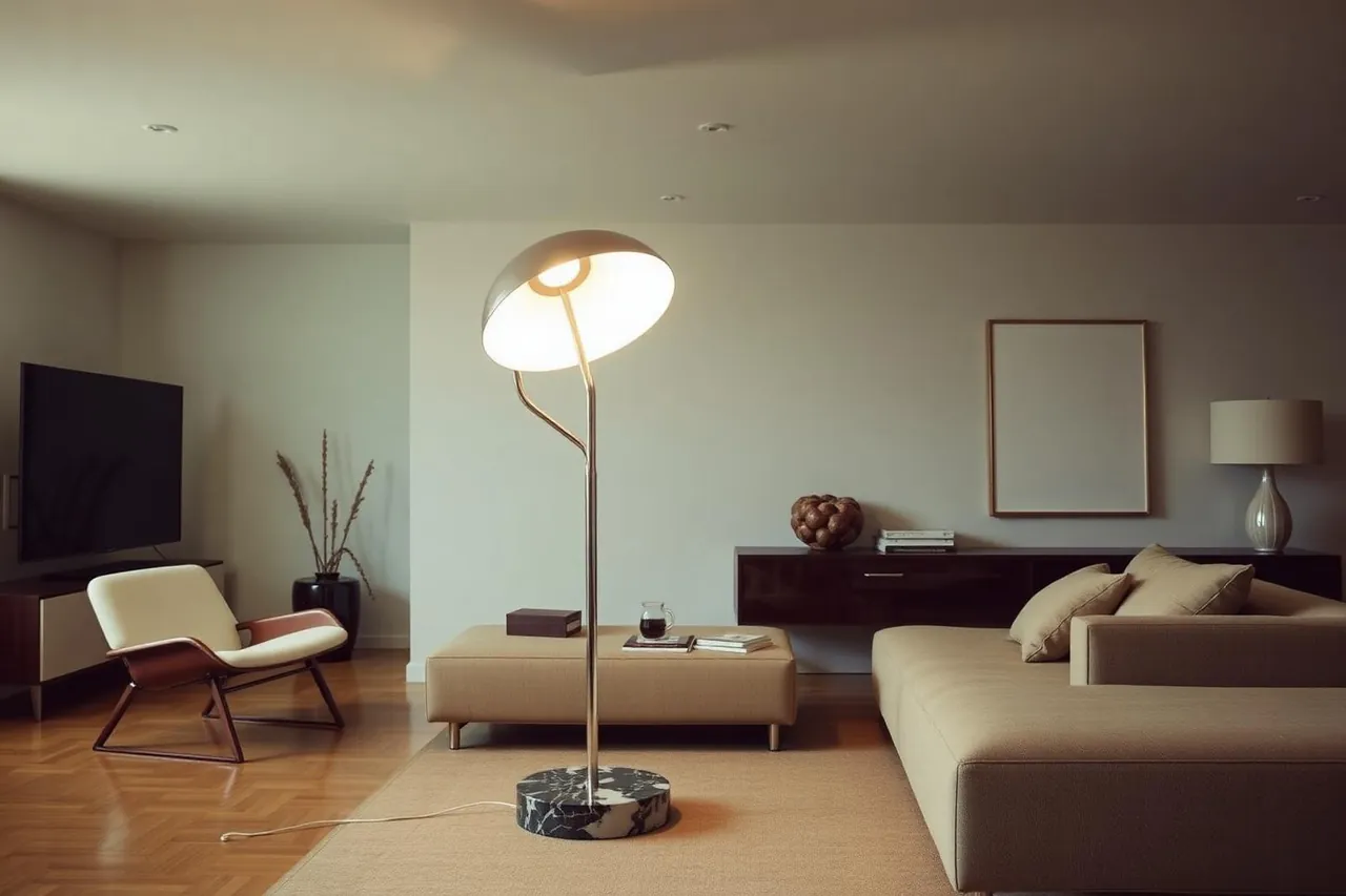 Illuminazione con lampadari moderni — iconica lampada da terra italiana stile Castiglioni Arco con base in marmo nero, simbolo del design italiano dell'illuminazione