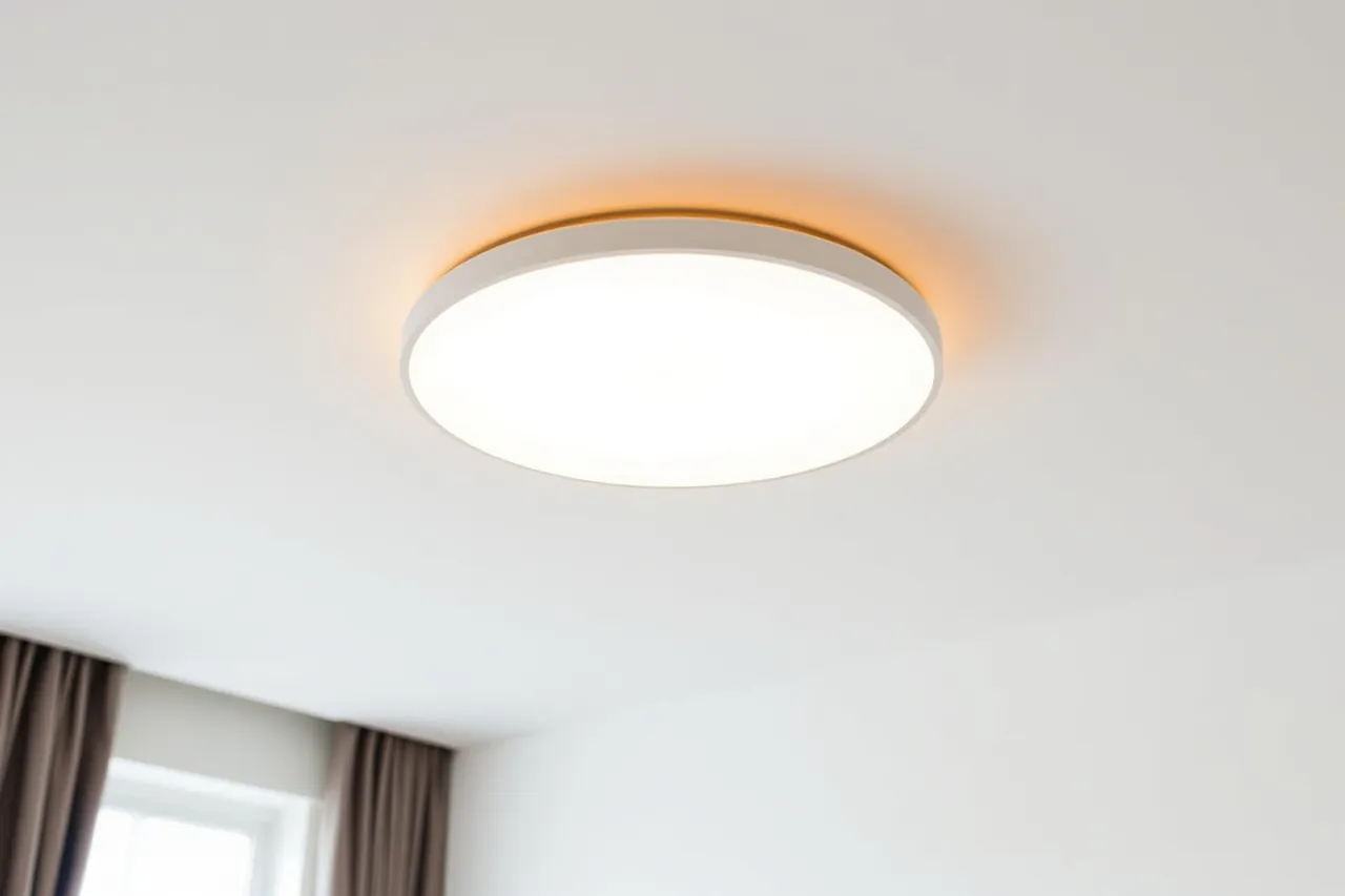 Plafoniera tra i lampadari moderni più richiesti — plafoniera moderna ultrapiatta installata su soffitto basso in un appartamento contemporaneo