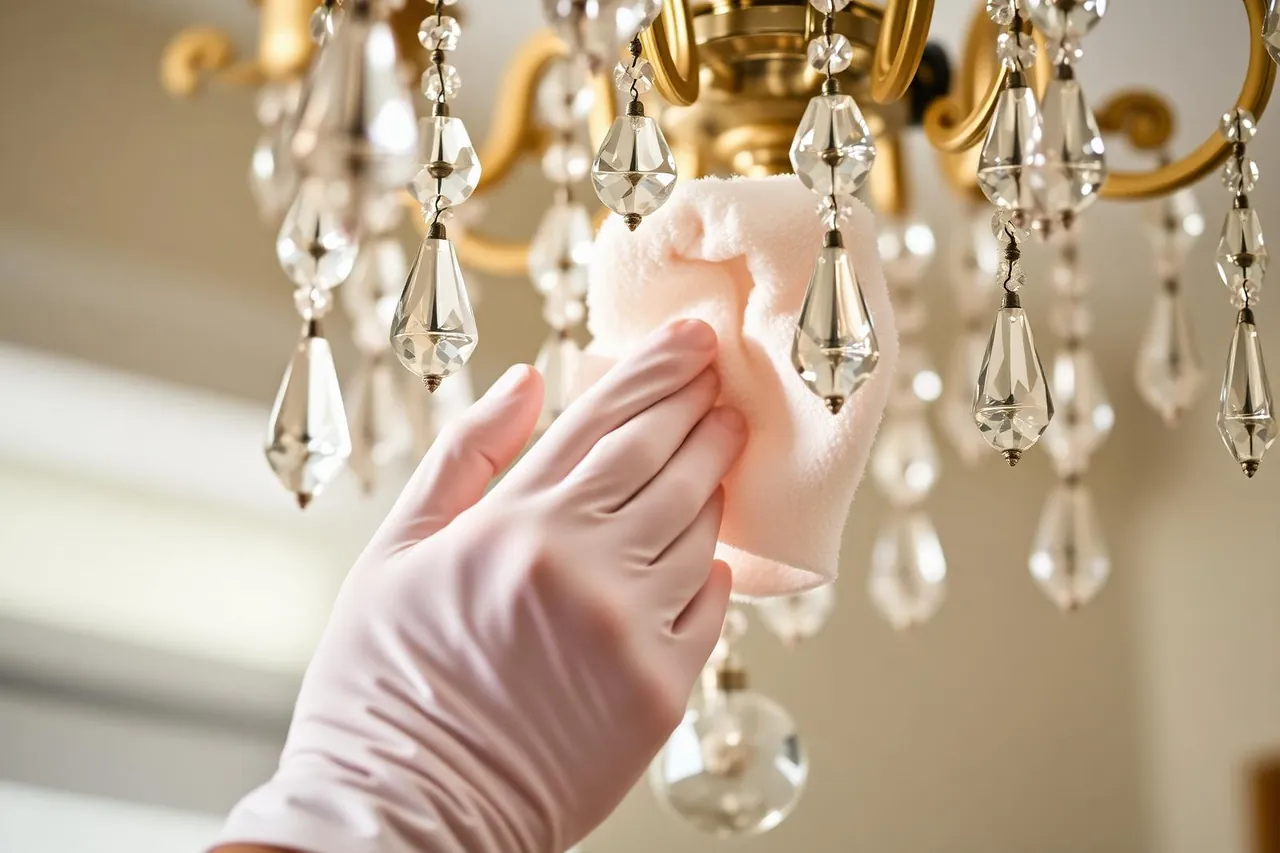 Mani con guanto in microfibra che puliscono i pendenti di un lampadario moderno in cristallo