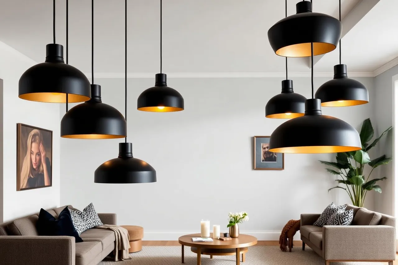 Illuminazione con lampadari moderni — cluster di sospensioni moderne in metallo nero opaco con interno oro, trend illuminazione 2026