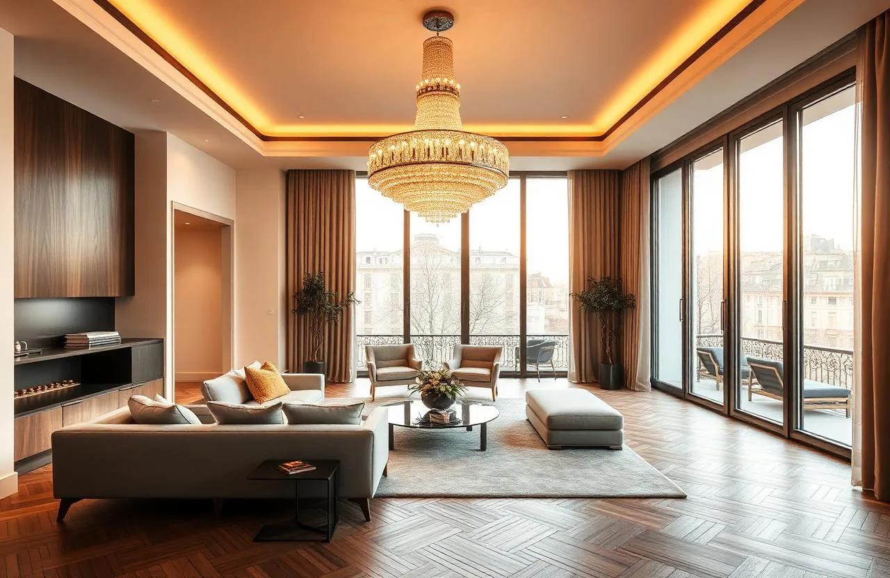 Lampadari moderni per soggiorno: attico di lusso a Milano con sospensioni di design